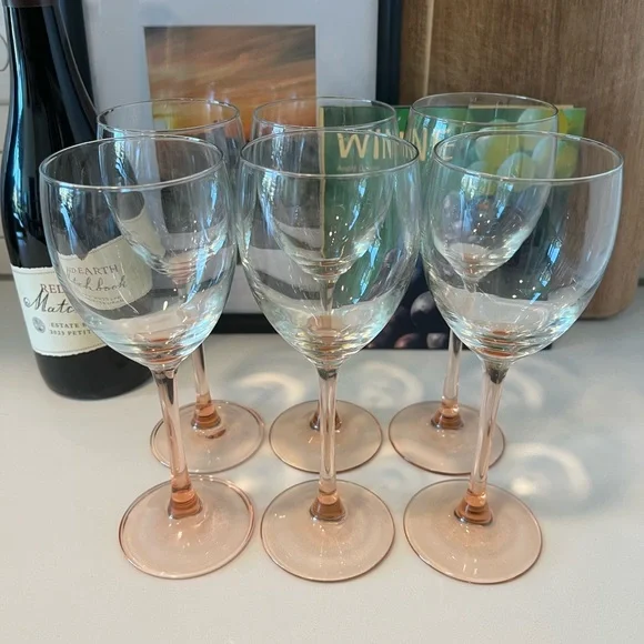 Set of 6 vintage Luminarc pink stem wine glasses, 7.75” tall, mid-century modern - Picture 1 of 5